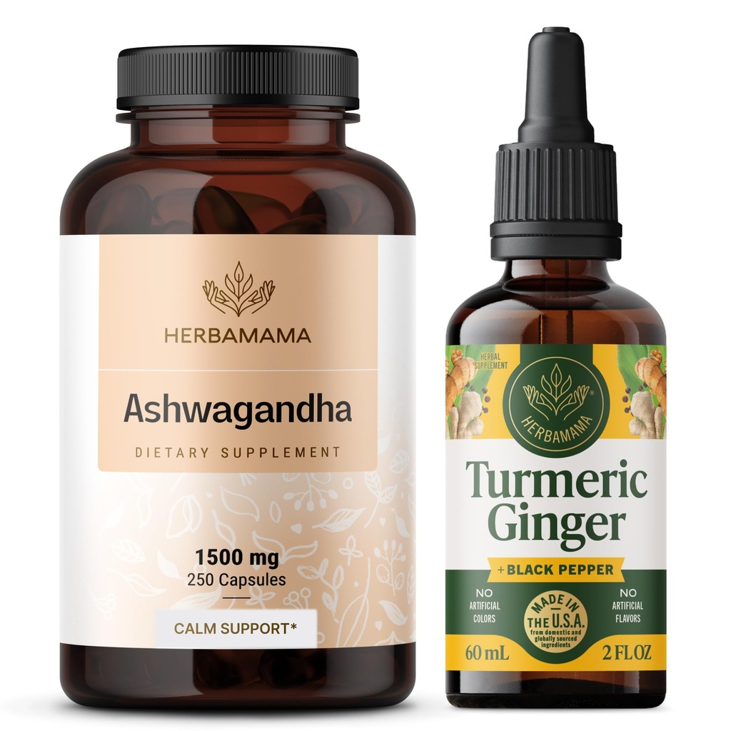 HERBAMAMA Ashwagandha und Turmeric Ginger Kit - Bundle von 1500 mg Ashwagandha Root Capsules & Turmeric Ginger Tinkture 2 fl oz - Vegan, Non-GMO, Sugar & Alcohol-Free - 2 Pack