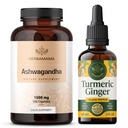 HERBAMAMA Ashwagandha and Turmeric Ginger Kit - Ensemble de 1 500 mg Ashwagandha Capsules Racines et Teinture de Ginger Turmeric 2 fl oz - Vegan, Non-OGM, Sucre et Sans alcool - 2 Pack