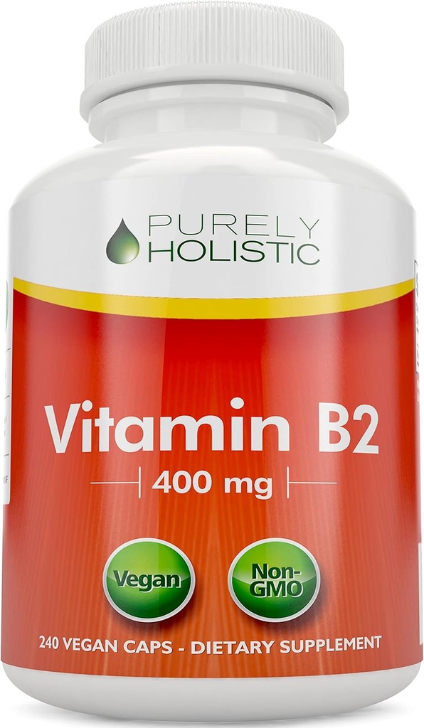 Vitamine purement holistique B2 Riboflavine 400mg - 240 Capsules Vegan, 8 mois d'approvisionnement - Vitamines B2 à haute résistance - Sans OGM et sans gluten - soutient la production d'énergie et la santé cellulaire