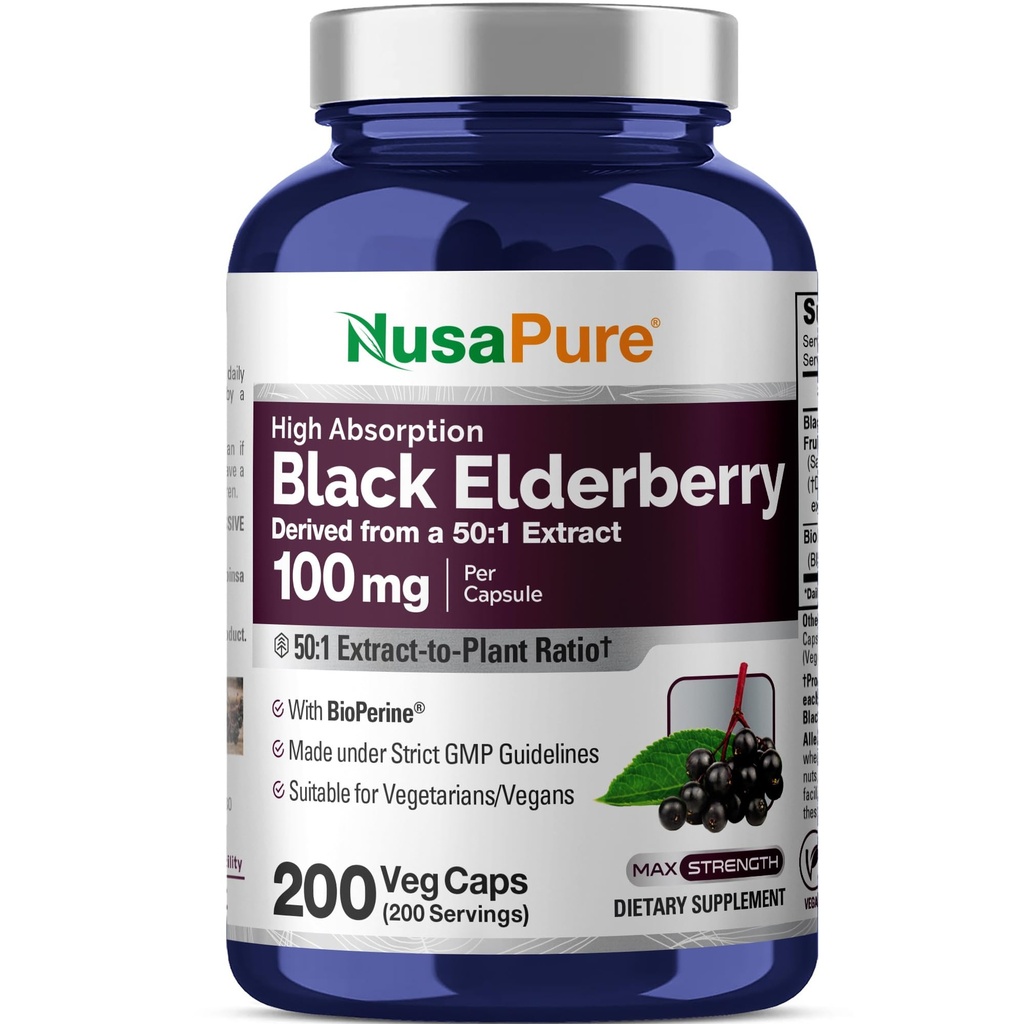NusaPure Black Elderberry 50:1 Extrakt, 100 mg Äquivalent zu 5.000 mg pro Veggie Kapseln, 200 Graf (Non-GMO, Bioperine) Sambucus Supplement