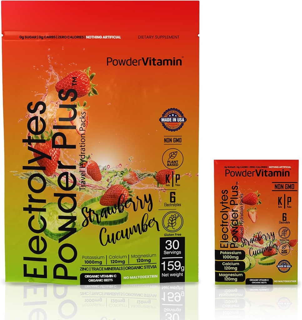 PowerVitamin Elektrolyte Pulver-Packets - Erdbeer-Cumber - Keto-Elektrolyten für tägliche Energie - Hydration Pulver mit 1000mg Kalium, 120mg Magnesium, Zero Calories - 30 Hydration Packets
