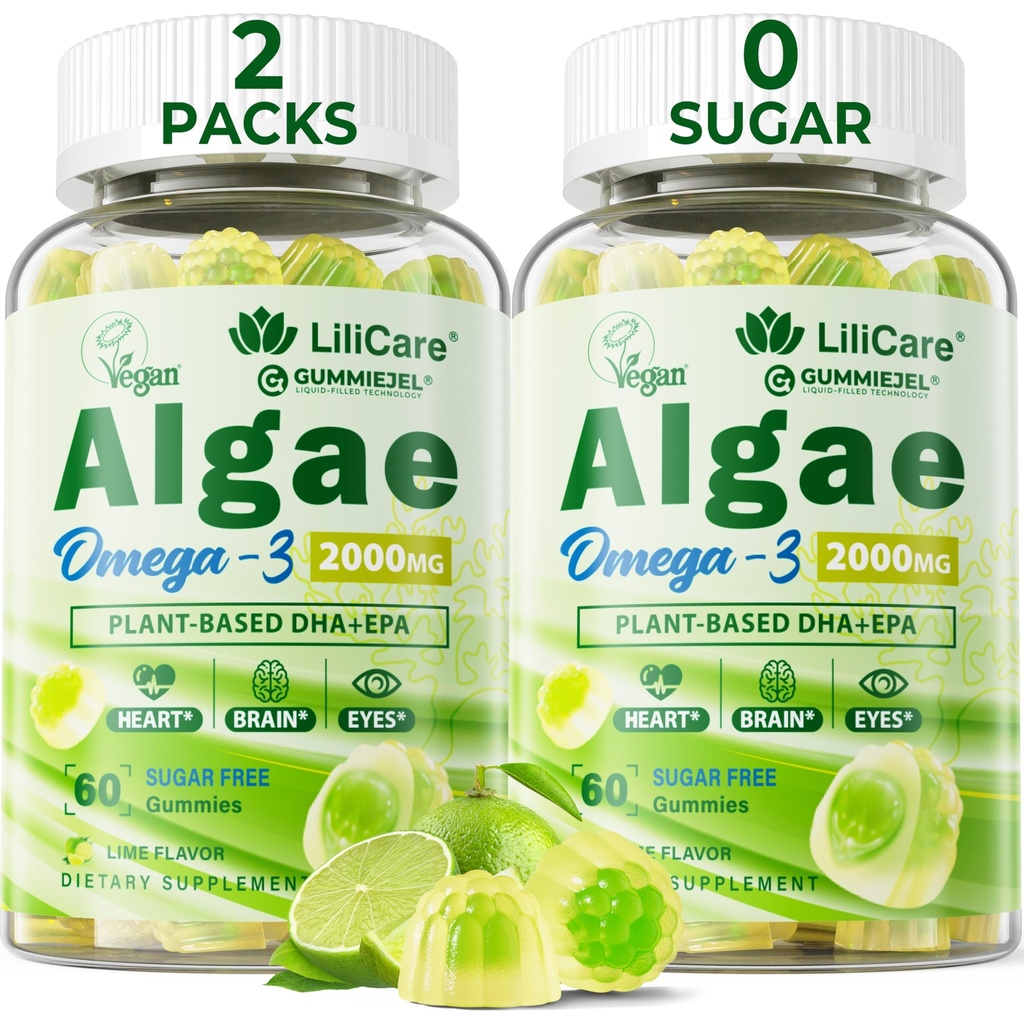 Omega 3 Gummies 2200mg de l'huile d'algues (DHA 640mg & EPA 290mg) pour les femmes et les hommes, Vegan Omega 3 Huile de poisson alternative, avec/CoQ10, Astaxanthine, vitamine A, E, D3 pour le cerveau, l'oeil, antioxydant, sans sucre 2packs