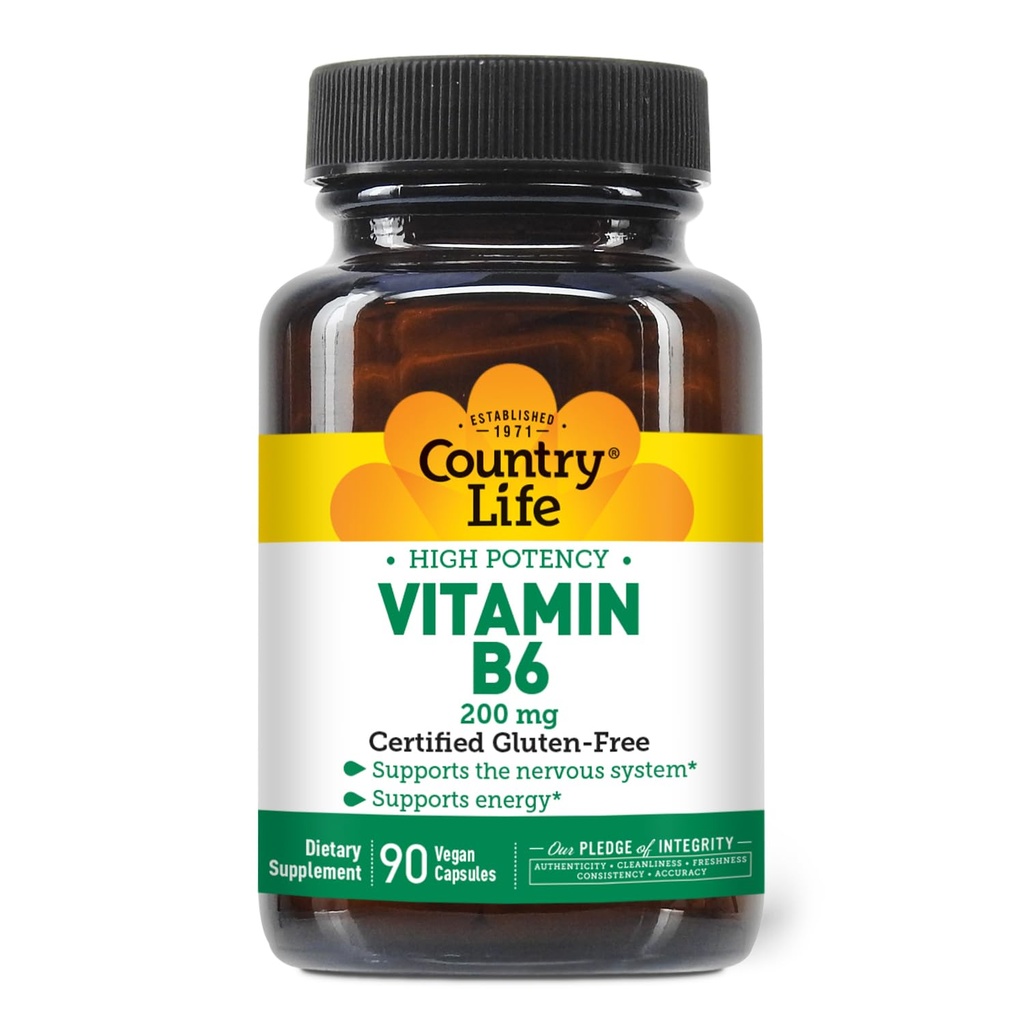 Country Life Vitamin B-6, hohe Potenz, unterstützt Energie und das Nervous System, 200mg, 90 Vegan Kapseln, Certified Gluten Free, Certified Vegan,...