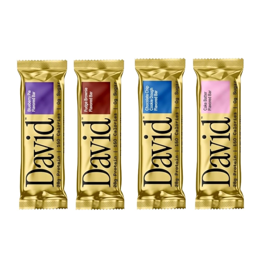 David, Protein Bar, Sample Pack, Variety Pack, Paket von 4 Protein Bars | 28g Protein | 150 Kalorien | 0g Zucker - High Protein, Low Carb, Gluten Free Protein Bar