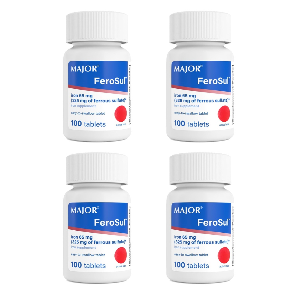 Major FeroSul - Eisensulfat 325 mg Tabletten - Eisen Beilage für Damen und Herren - Speziell beschichtete Easy-to-Swallow Tabletten - Rot - 100 Count (4 Pack)