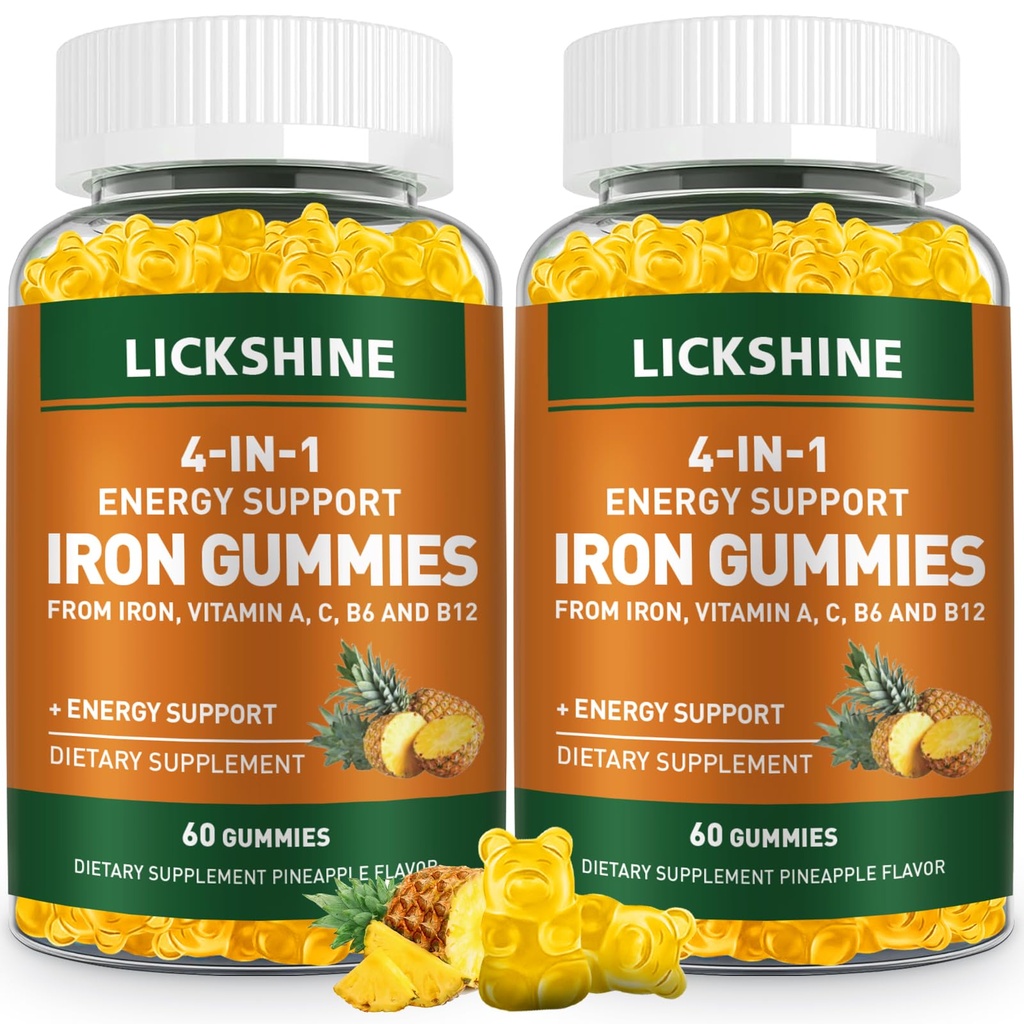 2 Pack Vegan 100MG Eisen Zusatzgummis für Damen und Herren - mit Vitamin C, A, B für Erwachsene & Kinder - Energieunterstützung für Eisenmangel, Anämie - Ananas Flavor (120 Ct)