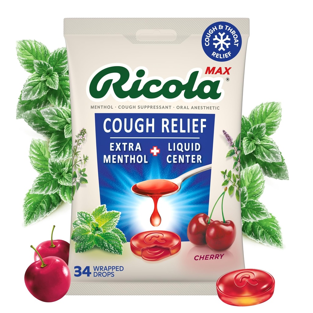 Ricola Max Swiss Cherry Throat Care Large Bag -Toux Suppressant gouttes -Centre de liquide double action -Apaisante longue durée - 34 Compte (paquet de 1)