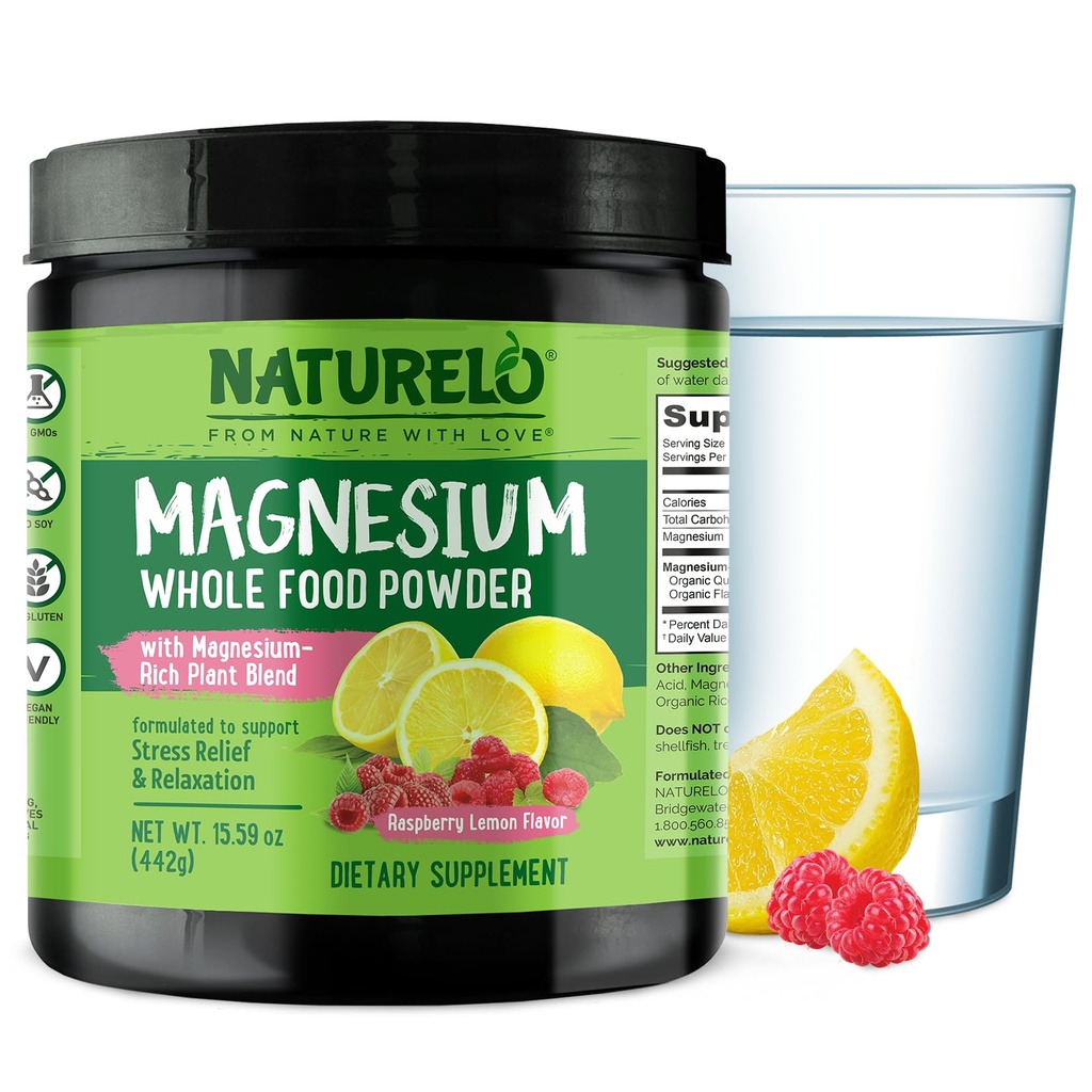 NATURELO Magnésium en poudre - aliments entiers Calme Magnésium en poudre avec quinoa, chou-fleur et lin pour soulager le stress, citron framboise 85 portions, 15oz