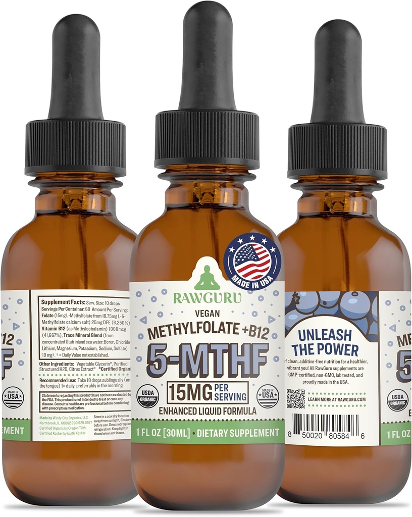 RawGuru L-Methylfolat 15 mg + Vitamin B12 - Organisch Vegan methyliert B12 mit Trace Minerals - Nano-processed & Enhanced Liquid Formula - 300 Serviergeräte Vegan Tropfen pro 30 ml, Packung 1