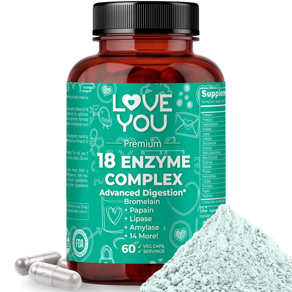 Love You 18 Enzyme Complex – Pflanzenbasierte Verdauungsenzyme für Frauen & Männer unterstützt Nährstoffabsorption & Verdauungskomfort | 60 Vegan Kapseln Made in USA