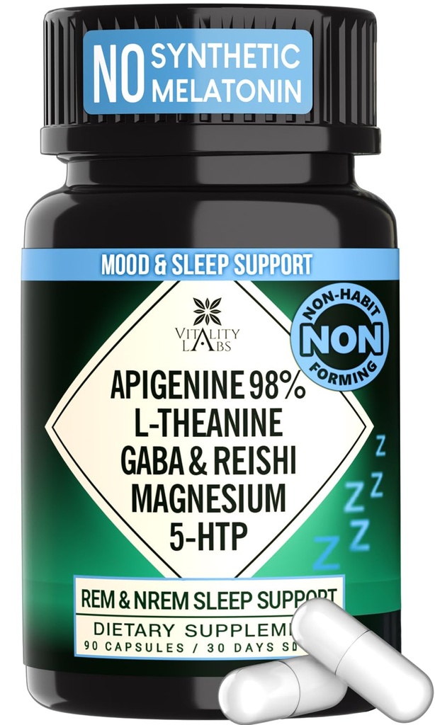 Supplément naturel d'aide au sommeil pour les adultes sans mélatonine - Sommeil à base de plantes non habitantes - GABA, L-Theanine, Reishi Mushroom, Apigenin, Magnésium Glycinate, 5-HTP - 90 Capsules de végétalien