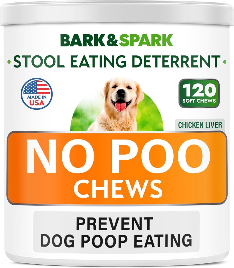 BARK&SPARK NO Poo Treats - Verhindern Sie Hund Poop Eating - Coprophagia Behandlung - Hocker Eating Deterrent - Probiotics & Enzymes - Verdauungs-Gesundheit + Atemhilfe - 120 Weiche Chews - USA Made - Liver