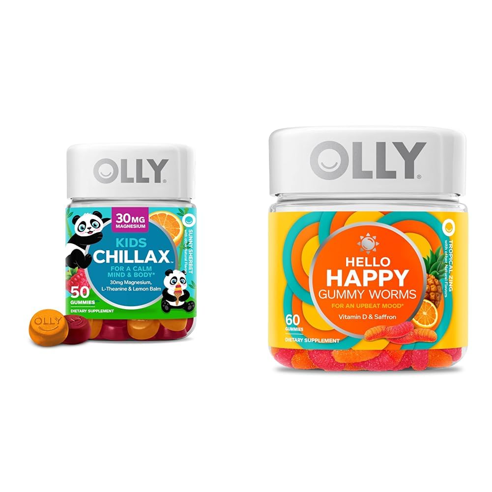 OLLY Kinder Chillax, Magnesium Gummies Plus L-Theanin, Lemon Balm & Hello Happy Gummy Worms, Mood Balance Unterstützung, Vitamin D, Saffron, Adult Chewable Supplement, Tropical Zing - 60 Count