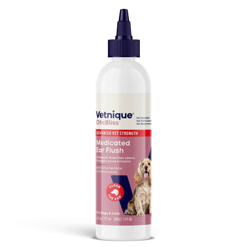 Vetnique Oticbliss Advanced Strength Medicated Dog Ear Infection Treatment, Antiseptic Ear Cleaner for Cat & Dog Ear Cleaning Solution Chlorhexidin & Ketoconazol (6oz Flush)