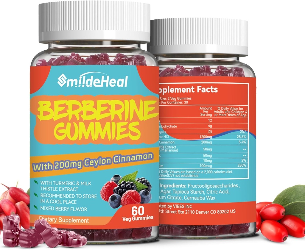 2 Pack Berberine Gummies 1200mg mit Ceylon Cinnamon 200mg, Milk Thistle Extract & Turmeric, Vegan Berry Flavor, Non-GMO, Gelatin-Free, Gluten-Free, 120 Count