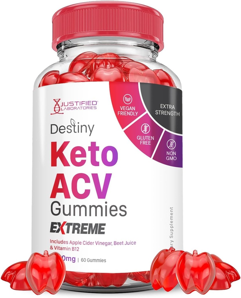 Justified Laboratories Destiny Keto ACV Gummies Extreme 2000MG Destiny Keto Gummies Advanced Formula Apple Cider Vinegar with Pomegranate Beet Juice Powder B12 Vegan Non GMO 60 Gummys
