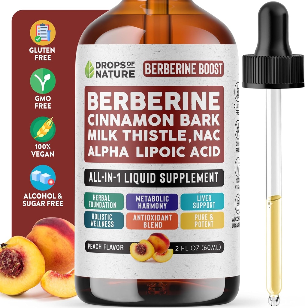Berberine Supplement, Milchdistel, Ceylon Cinnamon, Alpha Lipoic Acid, NAC Supplement Liquid Drops - Vegan, 4X Absorption als Kapseln - Berberine für Leberunterstützung & ganzheitliche Wellness (Peach, 60mL)