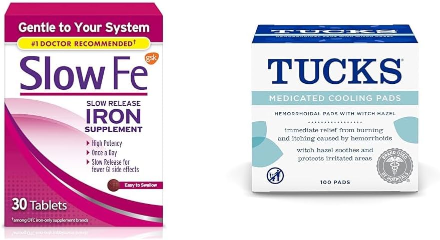 Slow Fe 45mg Eisen Ergänzung für Eisenmangel Tablets & Tucks Medizinische Kühlpads für Hämorrhoiden, 100 Zähler