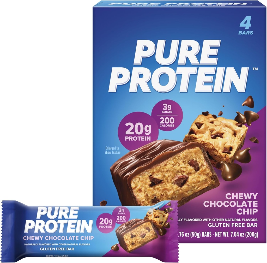 Pure Protein Bars, High Protein, Nutritious Snacks Energie zu unterstützen, Low Sugar, Glutenfrei, Chewy Chocolate Chip, 1.76oz, Pack von 4