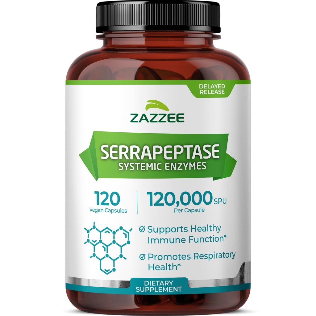 Zazzee Delayed Release Serrapeptase, 120.000 SPU pro Kapsel, 120 Vegan Kapseln, 4 Monate Versorgung, Extrastärke, Potent und konzentrierte systemische Enzyme, 100% vegetarisch, All-Natural und Non-GMO