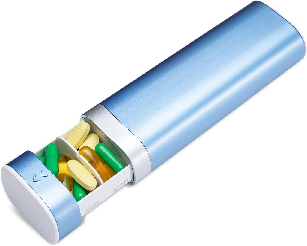 Betife Travel Pill Organizer Weekly 7 Day, Compact Daily Pill Box, Portable Medicine Case, Niedliche Pillenhalter für Vitamine Ergänzungen, Zeichner-Shaped Pillen Organizer (Blau)