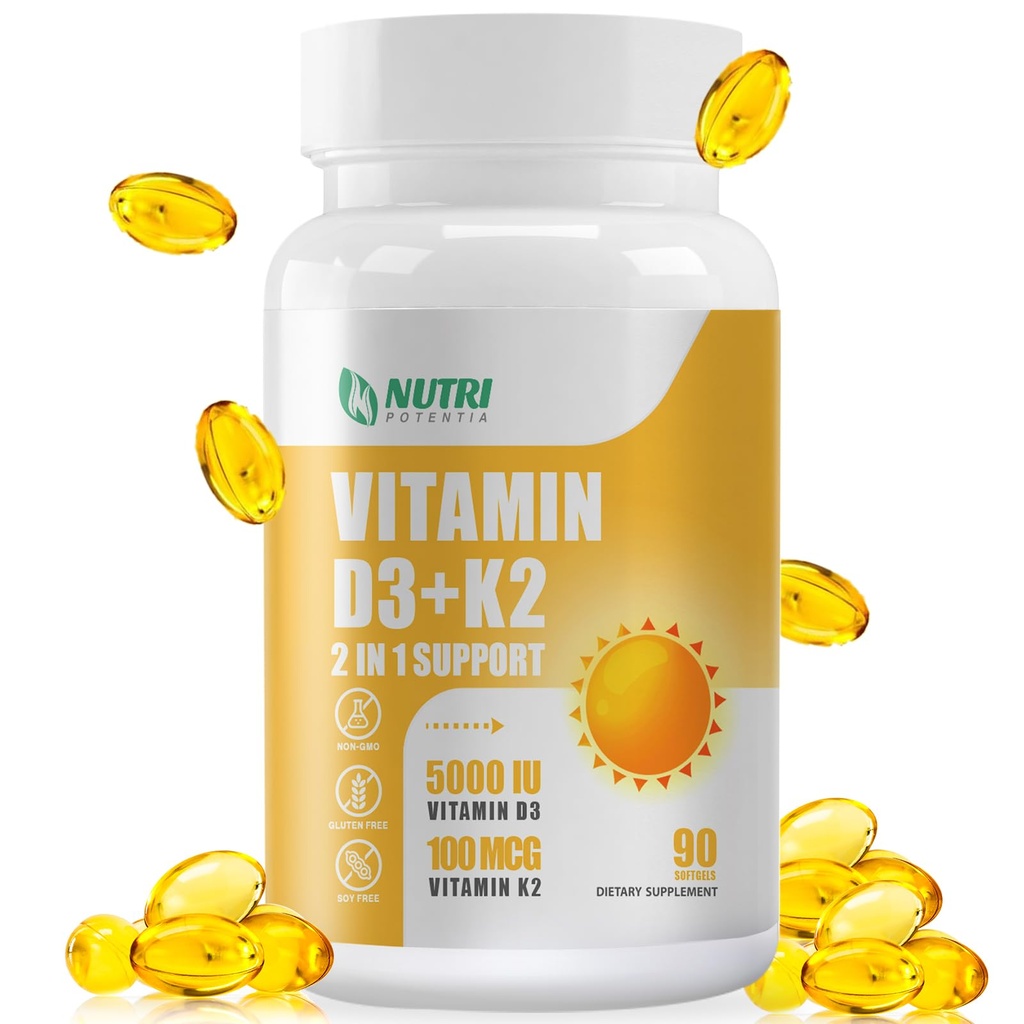 Vitamin D3 K2 Ergänzung mit MCT-Öl, Vitamin D3 5000 IU und K2 100 mcg Softgel, Knochen und Herz-Gesundheits-Ergänzung, Glutenfrei - 90 Count Softgels