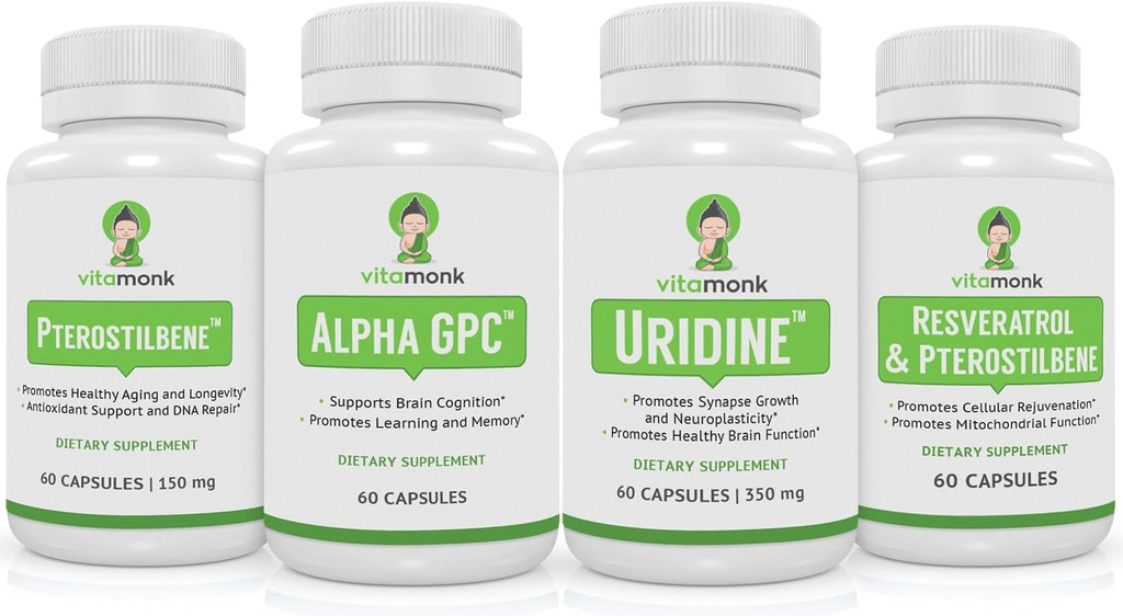 VitaMonk Resveratrol, Pterostilbene, Alpha GPC und Uridin Bundle - Langlebigkeit und Brain Boosting Stack