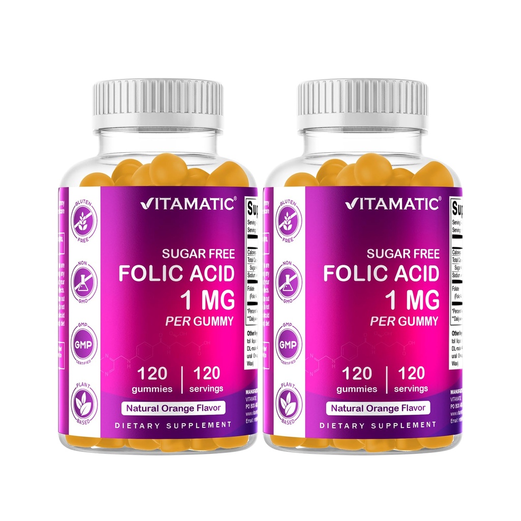 Vitamatic Folic Acid Gummies 1000 mcg (1 mg) - an Essential Prenatal Vitamins for Mom & Baby - Vitamin B9-120 Vegan Gummies (2)