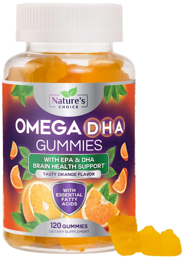 Omega 3 Fish Oil Gummis - Dreifache Stärke Omega3 Gummy - DHA & EPA Fettsäuren für Herzgesundheit, Gelenk & Gehirn Unterstützung, Nature's High Absorption Omega Fish Oil Supplement, Orange Flavor- 120 Gummis