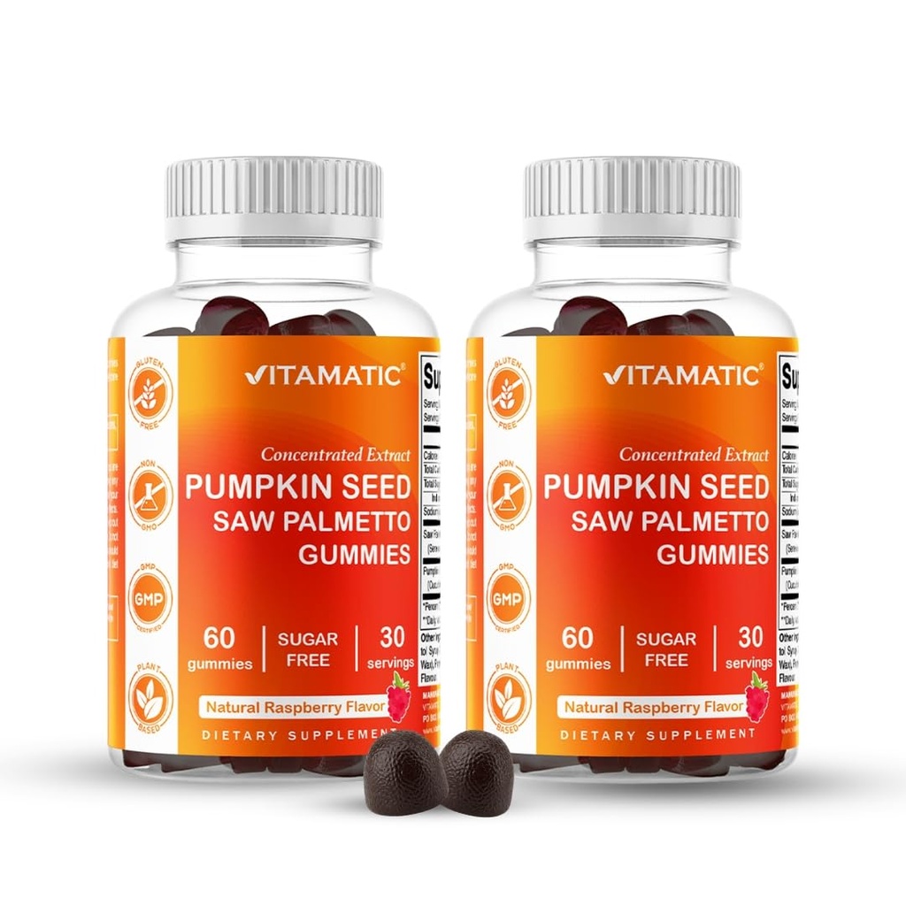 Vitamatic Kürbis Seed 20:1 Extrakt & Saw Palmetto 10:1 Extrakt-Gummi – Zuckerfreier Botanischer Extrakt – Natürlicher Himbeer Geschmack – Vegan, Non-GMO, Pflanzen-basierte Gummis – 60 Count - 2 Pack (120 Count)
