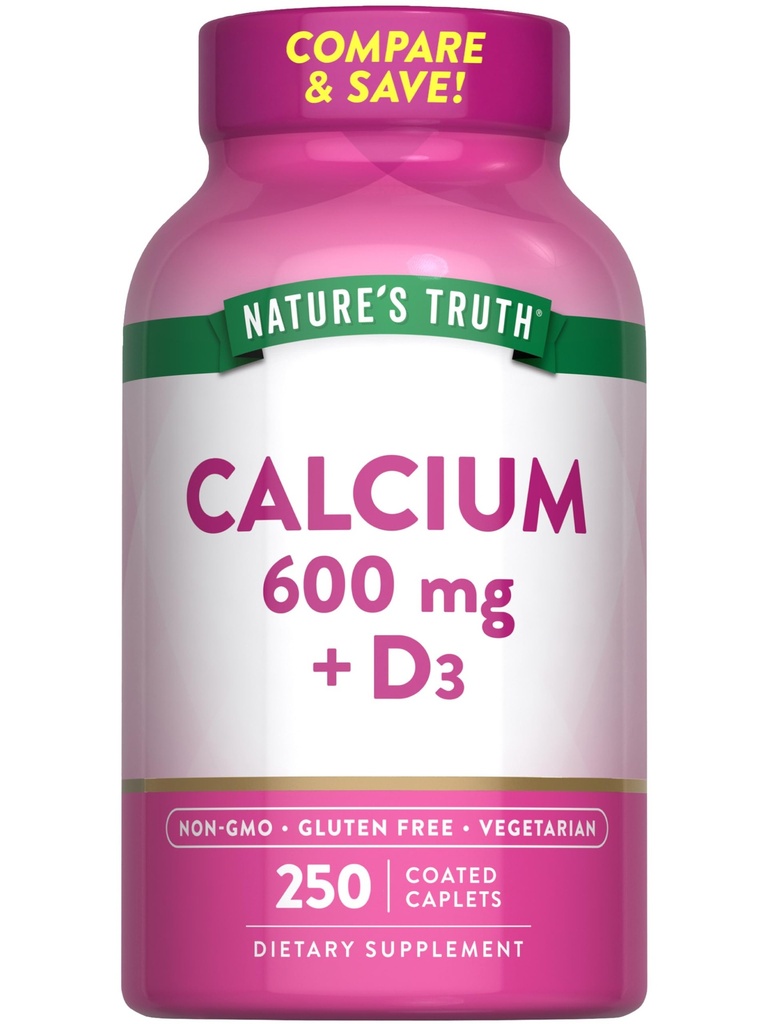 Nature's Truth Calcium 600mg with Vitamin D3 | 250 Caplets | Calcium Carbonate | Vegetarian, Non-GMO & Gluten Free Supplement
