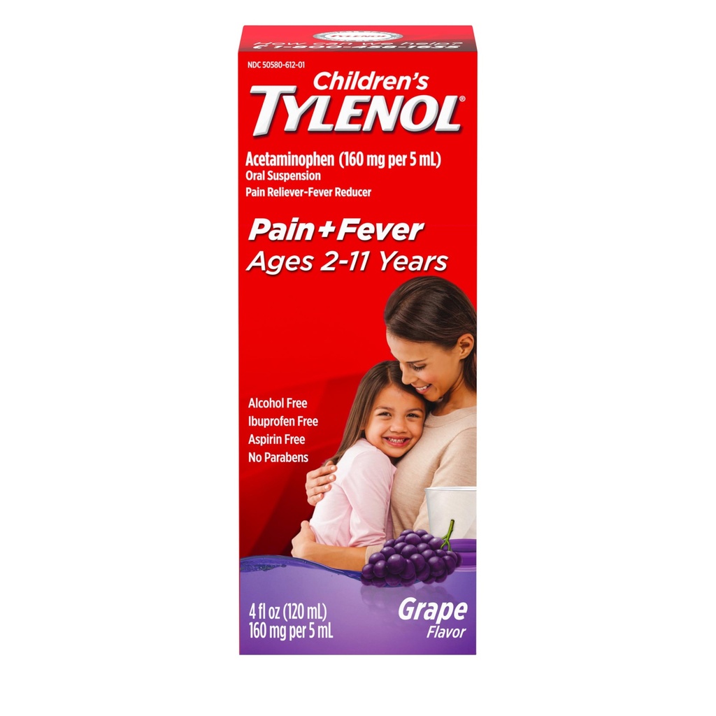 Children's Tylenol Liquid Oral Suspension Medicine, Acetaminophen Pain Reliever & Fever Reducer for Cold + Flu Symptoms & Sore Throat, Aspirin-, Ibuprofen- & Alcohol- Free, Grape, 4 fl. oz