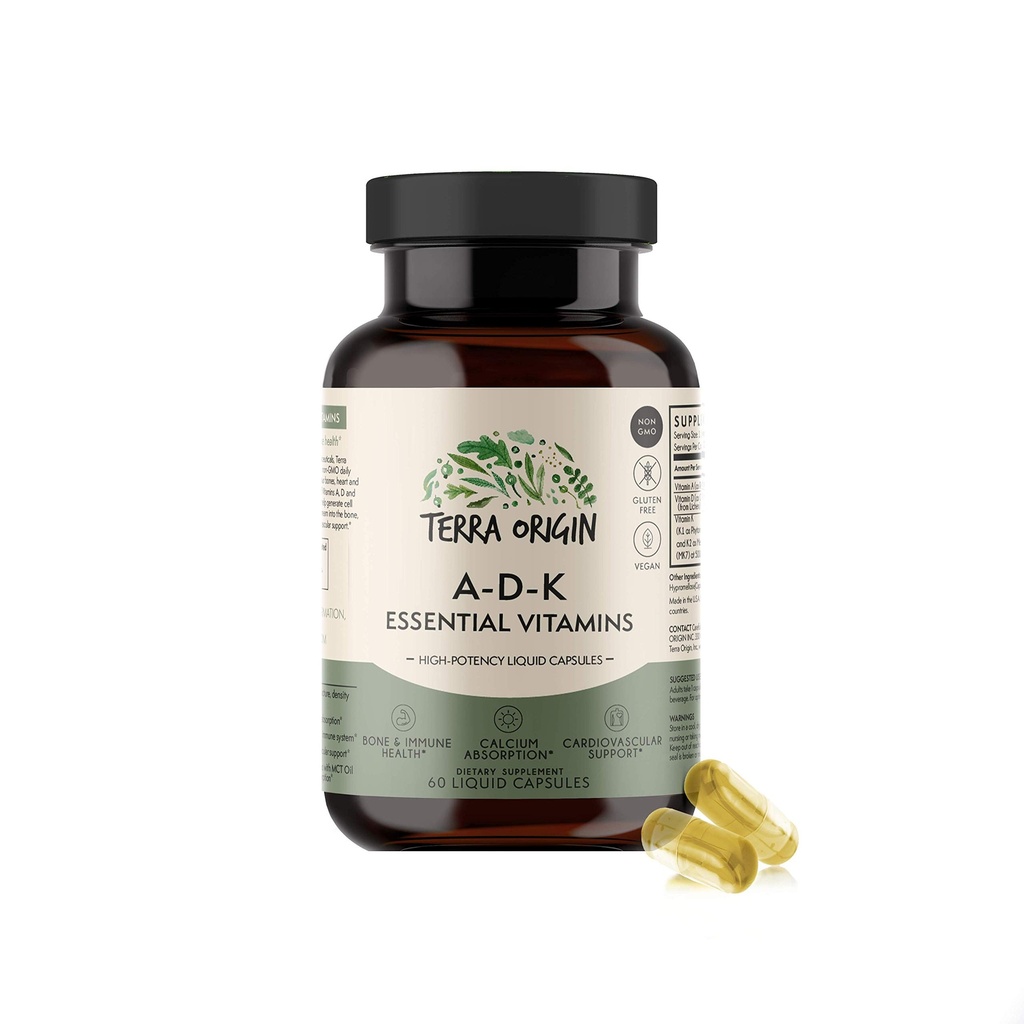 TERRA ORIGIN ADK Essential Vitamin Supplement | 60 flüssige Kapseln | Hohe Potenz Vitamin A, D 5000 IU, K1 und K2 | Non GMO, Glutenfrei, Vegan, Made in USA