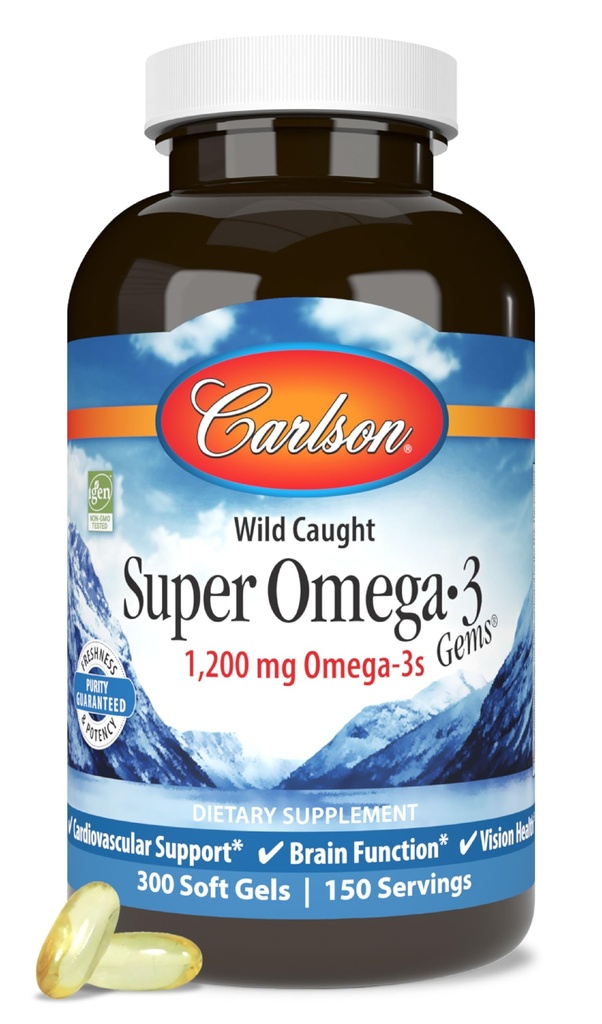 Carlson - Super Omega-3 Gems, 1200 mg Omega-3 Fettsäuren mit EPA und DHA, Wild-Caught Norwegian Fish Oil Supplement, Sustainable Sourced Capsules 300 Softgels