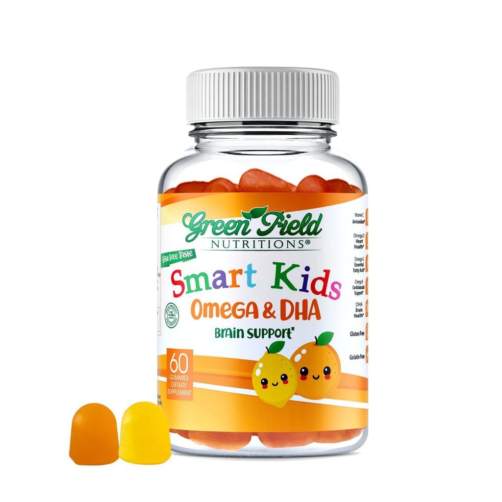 Greenfield Nutritions Smart Kids Halal Omega 3 Gommies avec DHA - 60 vitamines halales pour les enfants, soutient la santé cérébrale et immunitaire - Vitamines halales sans arachides, sans gluten, sans gluten et sans arachide