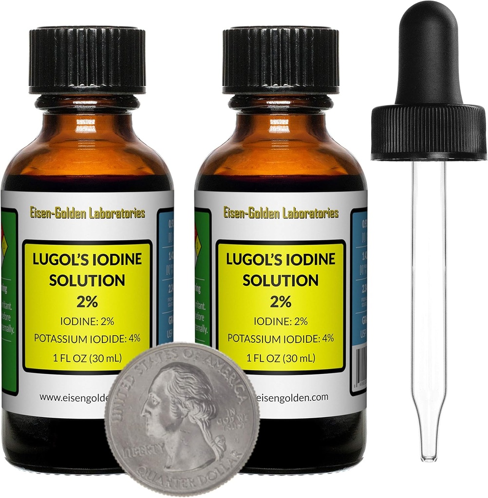 Lugol's Iodine / 2% Lösung / 2 Oz in zwei Bernsteinglasflaschen/Kostenlose Tropfen/USA