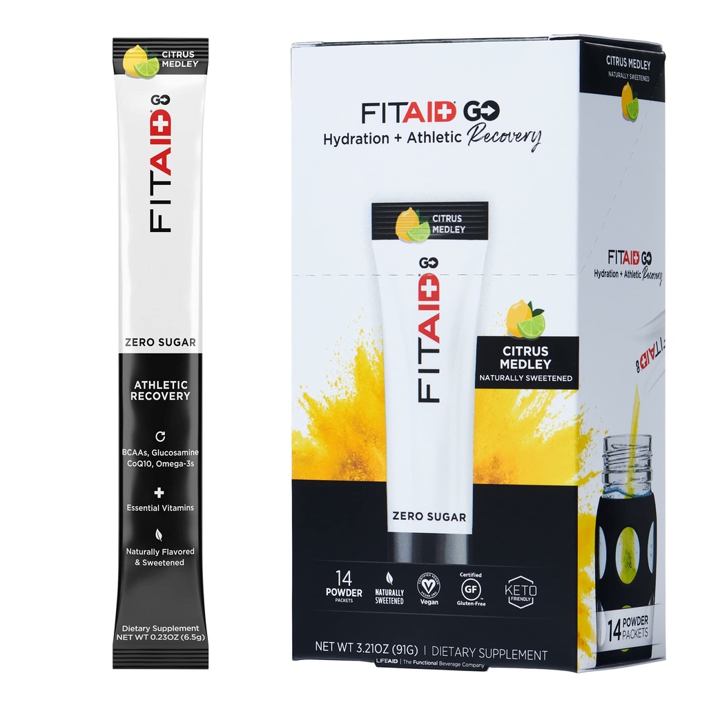 FITAID GO ZERO SUGAR Recovery Hydration Packet, W/ BCAAs, Glucosamin, Elektrolyte, Omega-3s, 100% sauber, Keto-freundlich, Vegan & Gluten-frei, 5 Kalorien, Natürlich gesüßt, 14 Packung
