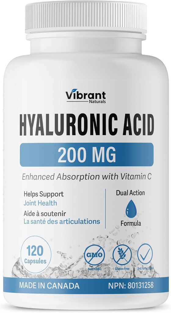 Hyaluronsäure-Ergänzung 200mg - 120 Kapseln, mit Vitamin C 100mg, Joint & Skin Health, Non-GMO Fermentation, Glutenfrei, Dritte getestet, Bioverfügbare Formel