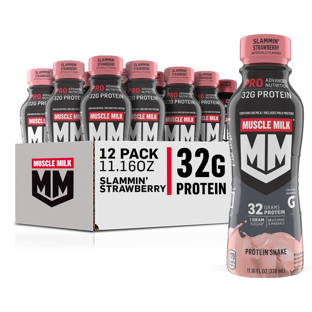 Muscle Milk Pro Advanced Nutrition Protein Shake, Slammin' Strawberry, 11.16 Fl Oz (Pack of 12), 32g Protein, 1g Zucker, 16 Vitamine & Minerals, 5g Fiber