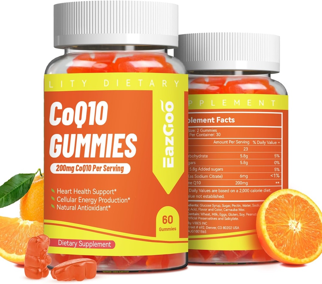CoQ10 Gummies 200mg, Supplément végétalien pour la production d'énergie, non-OGM, sans gluten (120 Gummies)