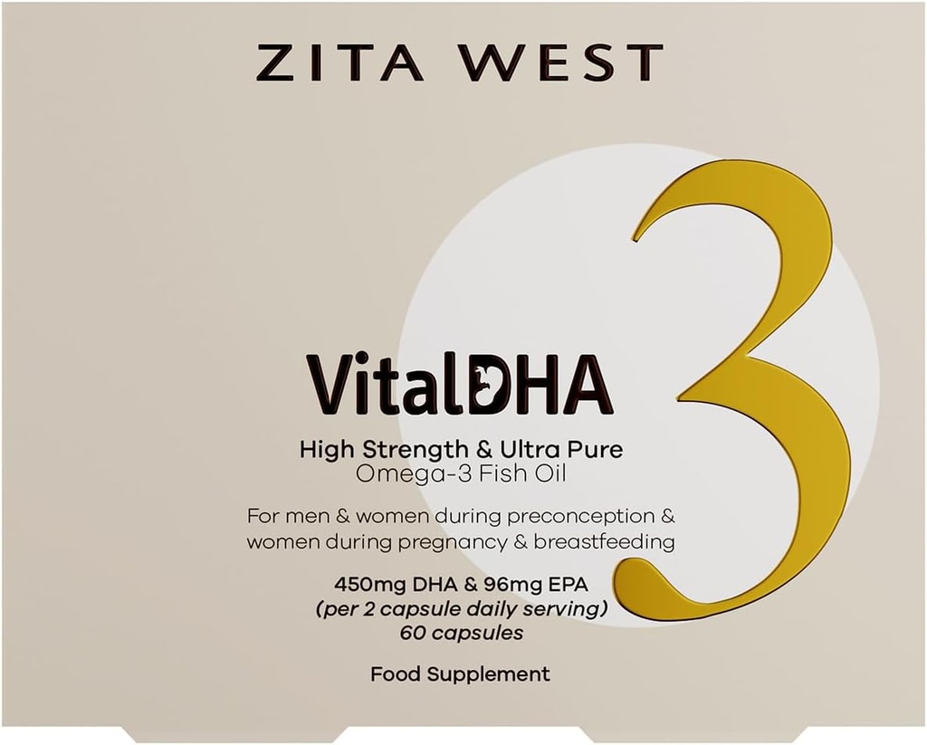 Zita West Vital DHA – Pränatale DHA und EPA mit Zink für Fruchtbarkeit, Schwangerschaft und Stillzeit – Omega 3 für Gehirnentwicklung – 60 Kapseln (1 Monat Versorgung)