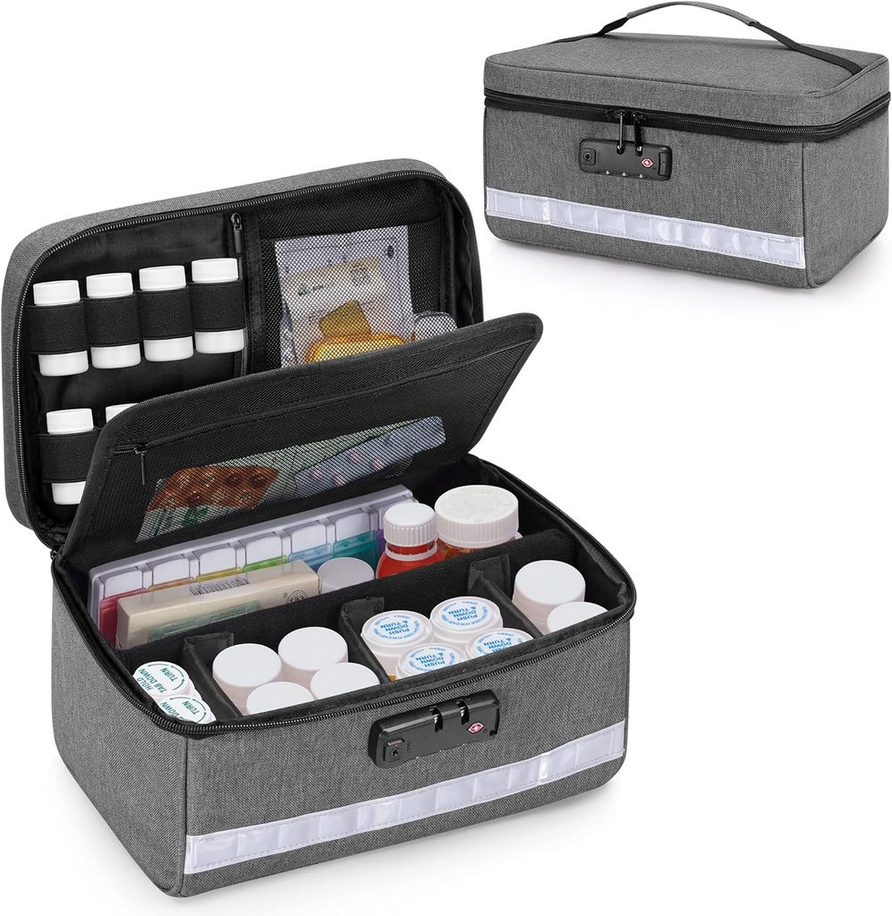 Damero Locking Pill Bouteille Organisateur avec diviseurs intérieurs, stockage de médicaments et organisateur sac Combinaison de serrure pour la médecine, vitamines et fournitures médicales, gris