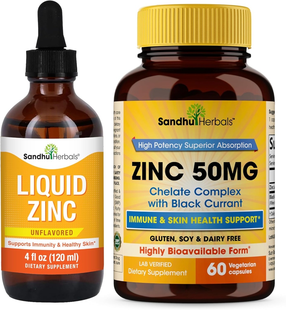 Sandhu Kräuter flüssige Zink Tropfen 4 Oz & Zink Kapseln 60 Count Supplement | Unterstützt Immun- und Hautgesundheit | Made in USA
