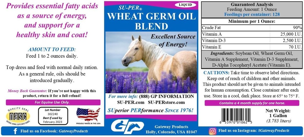 SU-PER Mélange d'huile de germe de blé pour chevaux - soutient l'énergie, l'endurance, l'endurance, la peau saine et le manteau - acides gras essentiels, vitamines et minéraux - 1 Gallon + pompe, approvisionnement de 4 mois