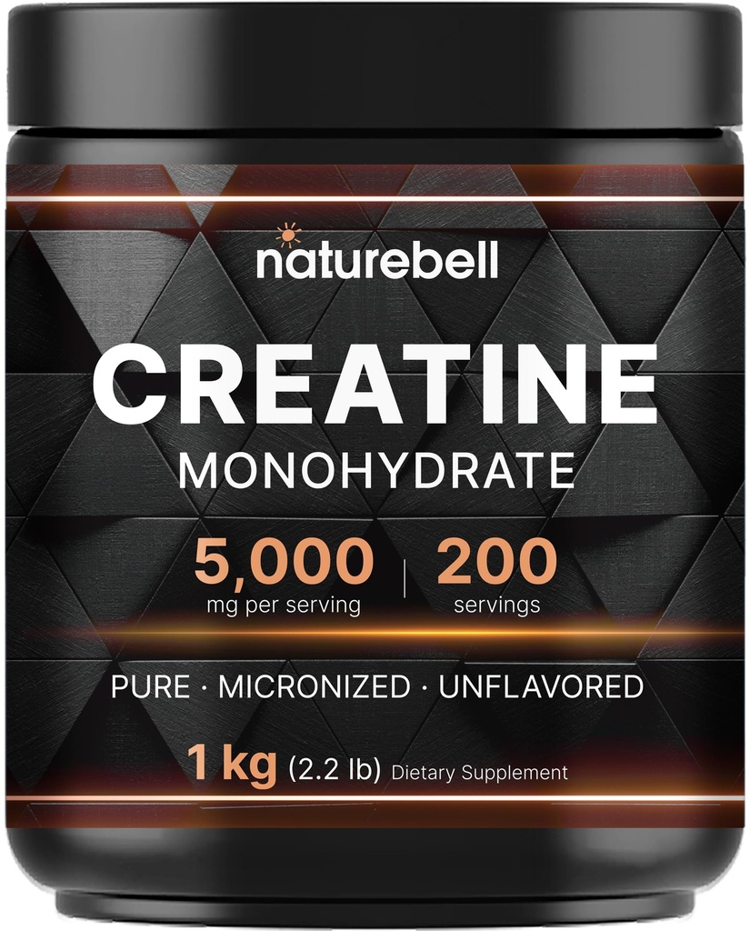 NatureBell Creatine Monohydrat Pulver 1000g, 5.000mg pro Servierung, 200 Servierungen (2.2 lb) | Micronized, Pure & Unflavored | Pre-Workout Muskelunterstützung* | Keto, Vegan, Filler-Free