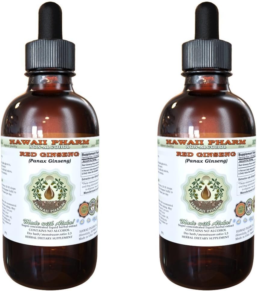 Red Ginseng Alcohol-Free Liquid Extract, Organic Red Ginseng (Panax Ginseng) Getrocknete Wurzel Glycerit Natürliche Kräuterergänzung, Hawaii Pharm, USA 2x4 fl.oz
