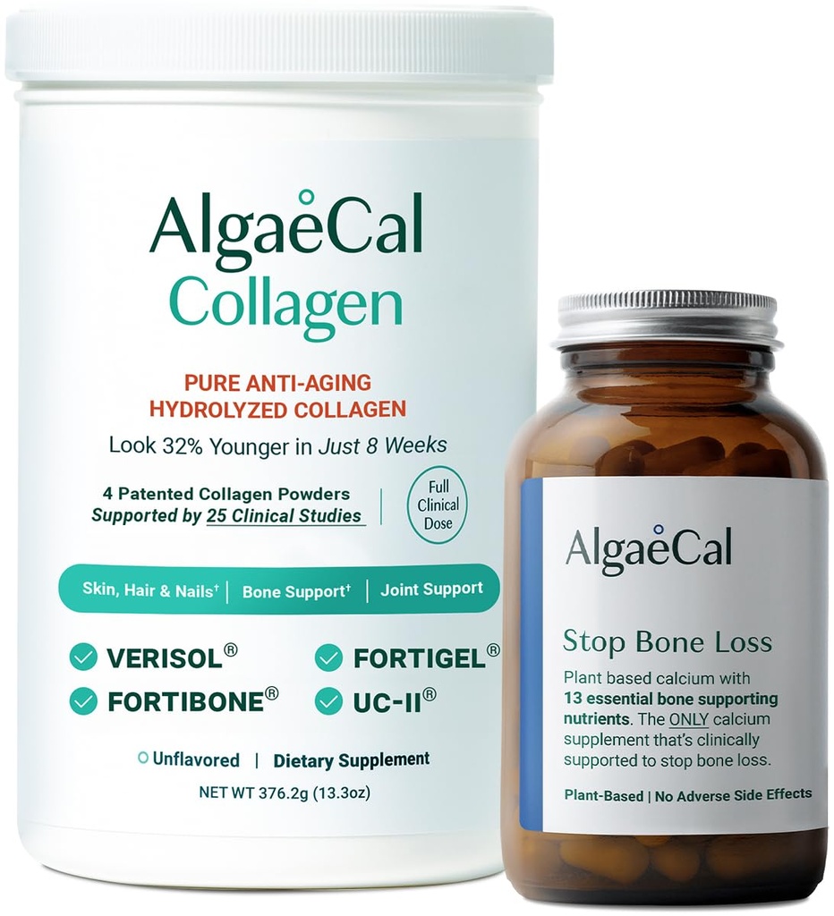 ALGAECAL Calcium & Collagen Bundle – Hydrolysiertes Kollagen komplett mit klinisch-supportiertem Verisol, Fortibone & Fortigel, Plus 13 Knochen unterstützende Mineralien und Vitamin D3 für Knochengesundheit & Anti-Aging