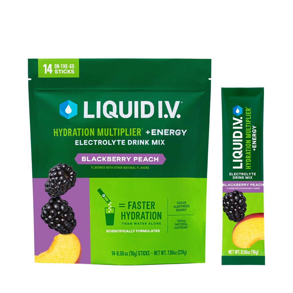 Flüssige I.V.® Hydration Multiplier+Energie | Blackberry-Peach | Elektrolytpulver-Getränkmischung | 3 Pack (42 Servierungen)