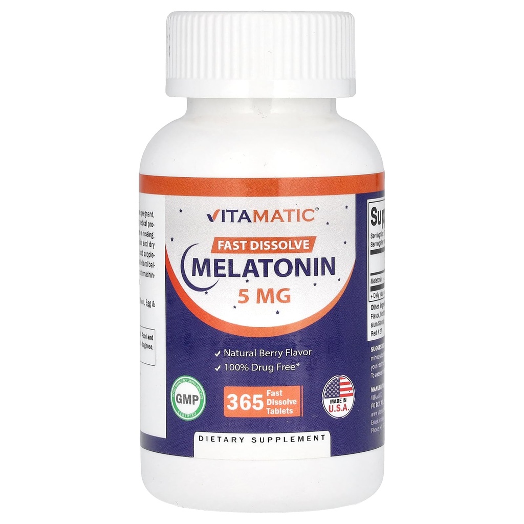 Vitamatic Melatonin 5 mg Tabletten | Vegetarisch, Non-GMO, Glutenfrei | 1 Jahr Versorgung | Natürliche Beeren Geschmack - 365 Tabletten