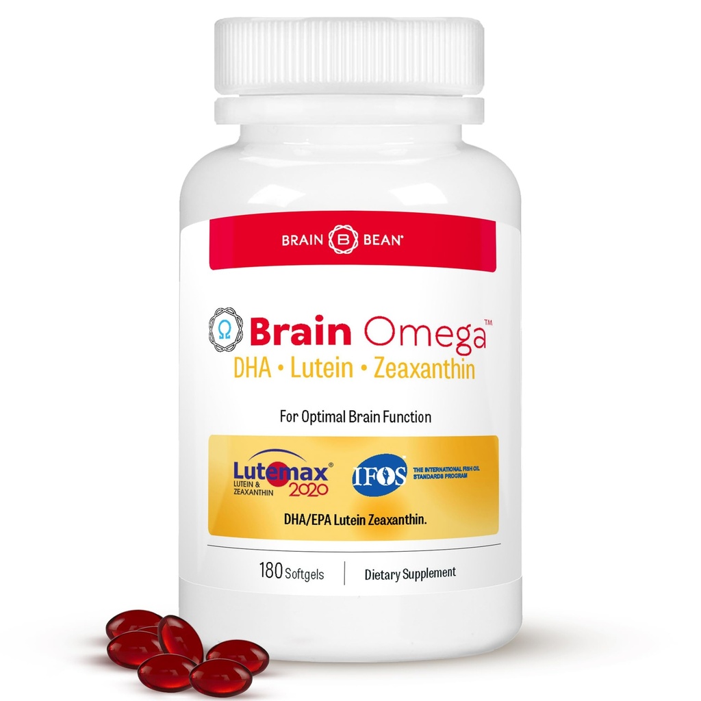 Oméga Brain avec Lutéine et Zeaxanthin – Supplément Oméga 3 pour la santé du cerveau, du coeur et des yeux – 460 mg DHA, 90 mg EPA, Lutéine et Zeaxanthin – 180 Softgels (90 portions)